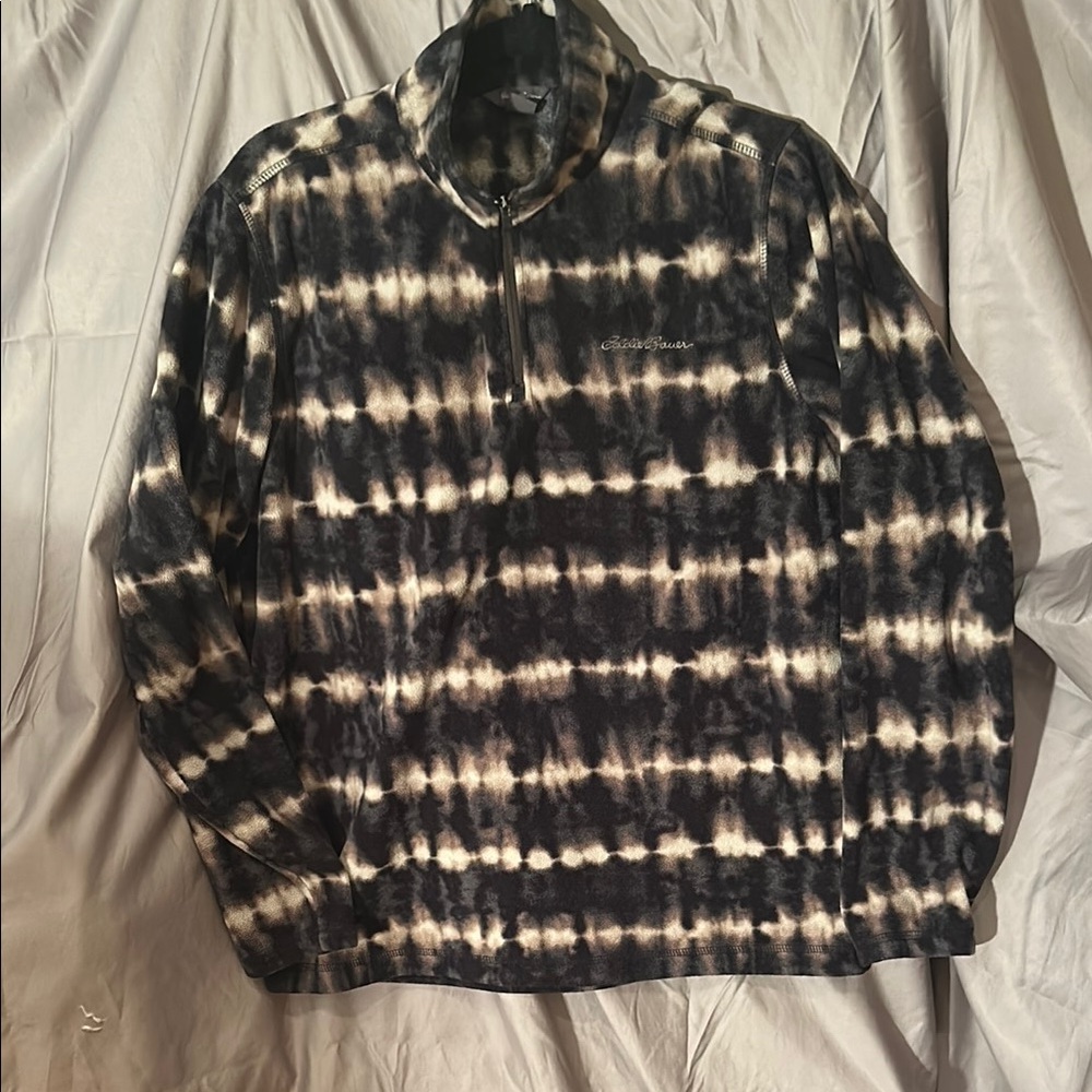 Eddie Bauer Black and Cream Tie-Dye Fleece Pullover